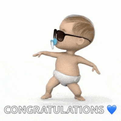 Animated GIF showing a dancing baby with a congratulatory message and highlighting the collaborative and personalized nature of PerkSweet's group ecards.